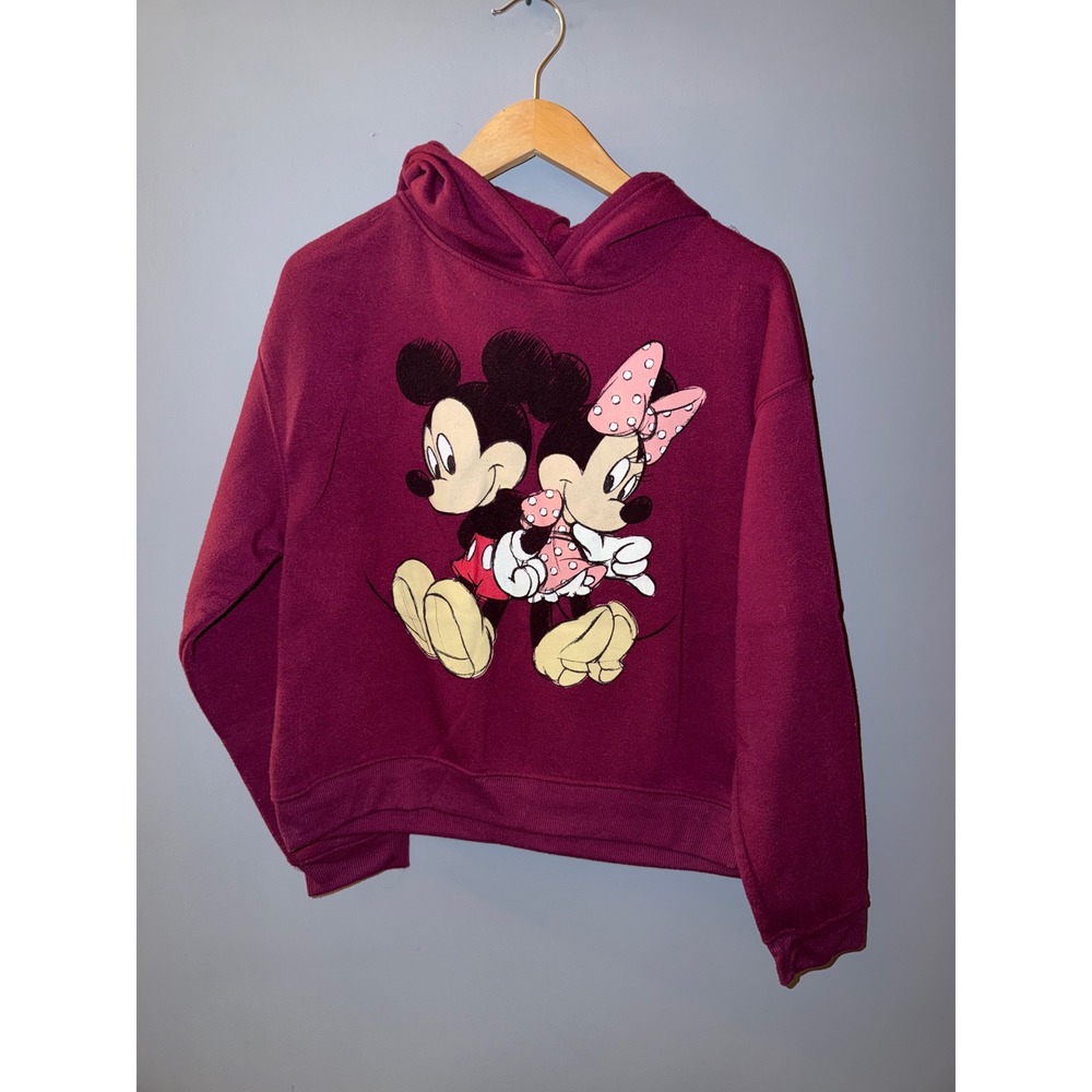 Disney Mickey and Minnie Mouse Burgundy Graphic Pullover Hoodie Sweatshirt M